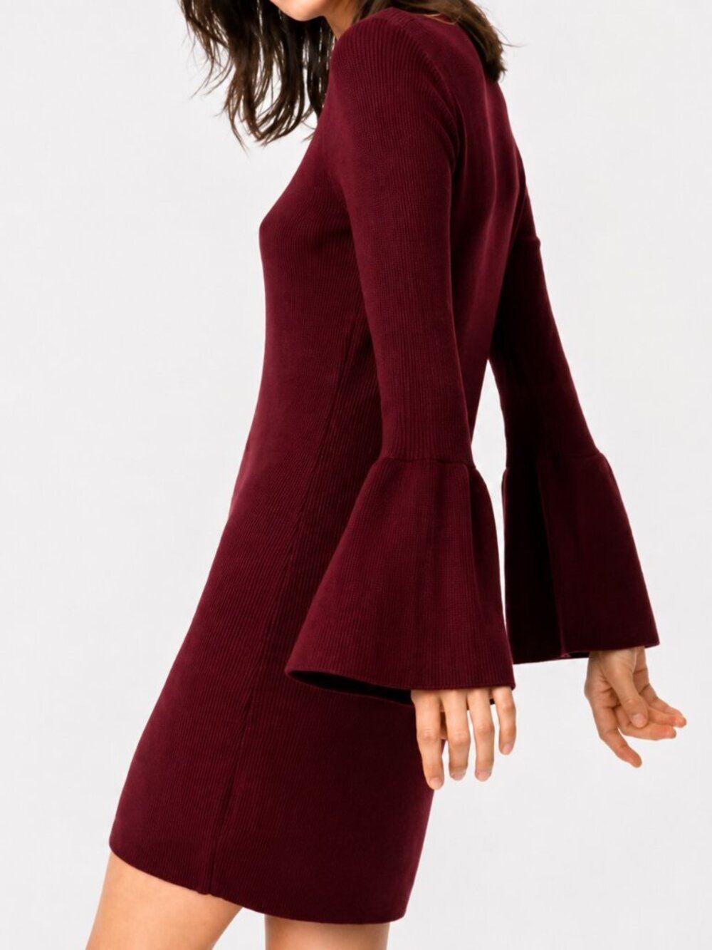 Club Monaco Women XS Burgundy Wool Blend Ribbed Mini Dress Bell Sleeve Chic